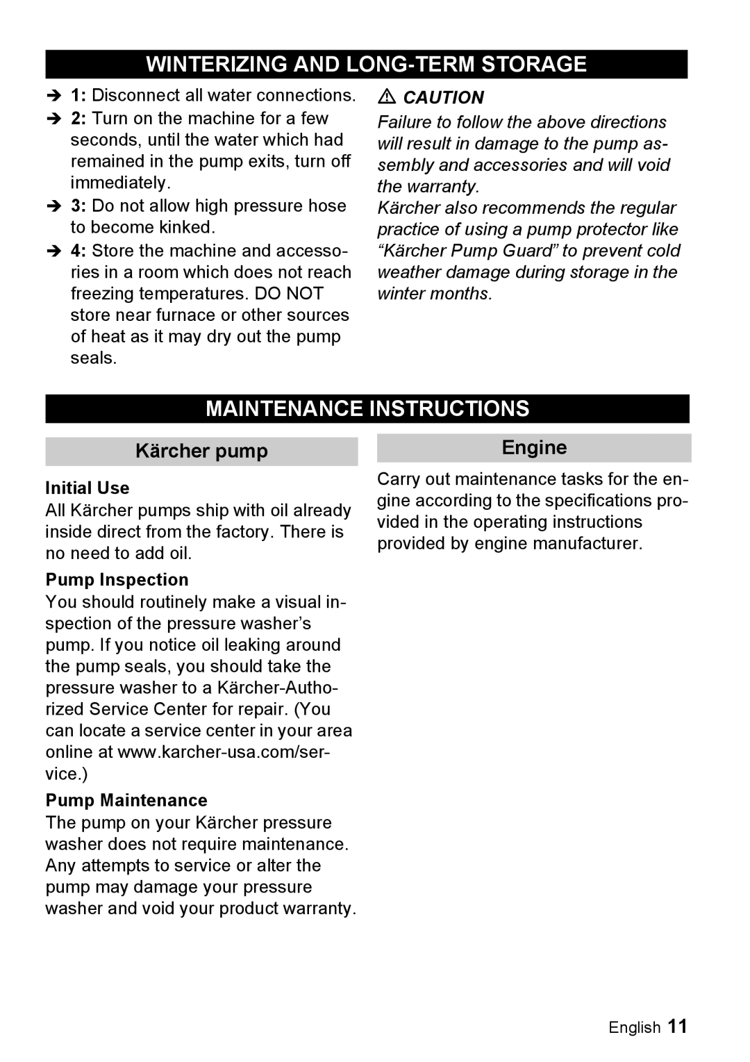 Karcher G 3025 OH, G 3050 OH manual Winterizing and LONG-TERM Storage, Maintenance Instructions, Kärcher pump, Engine 