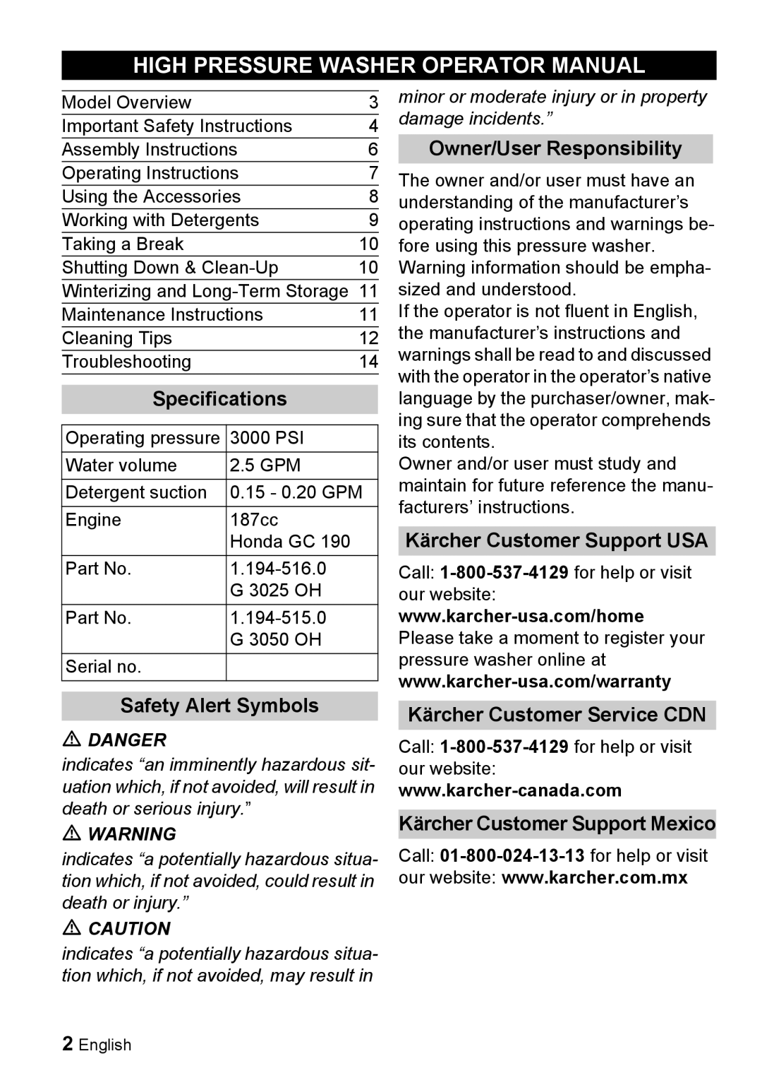 Karcher G 3050 OH High Pressure Washer Operator Manual, Specifications, Safety Alert Symbols, Owner/User Responsibility 