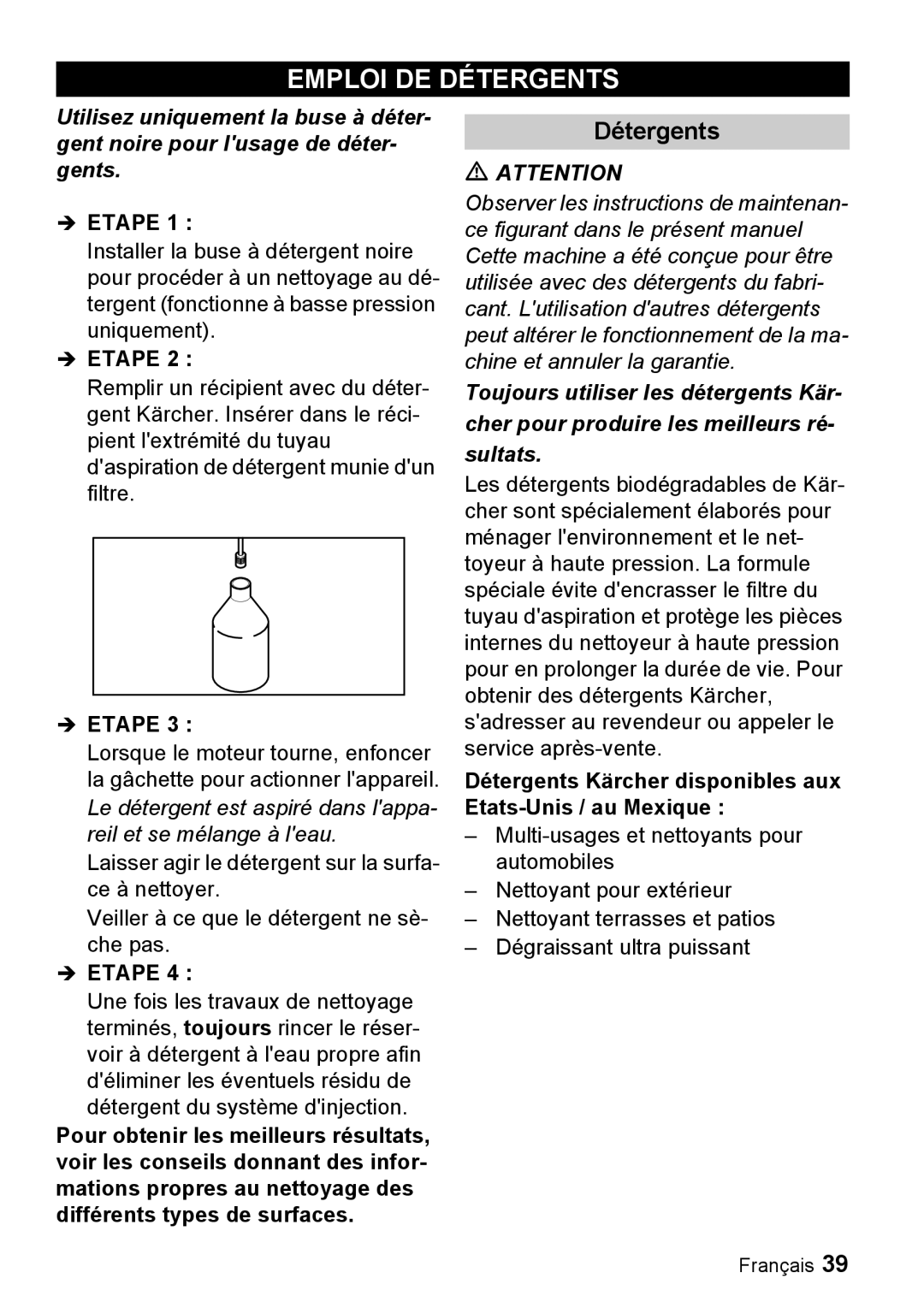 Karcher G 3025 OH, G 3050 OH manual Emploi DE Détergents, Détergents Kärcher disponibles aux Etats-Unis / au Mexique 