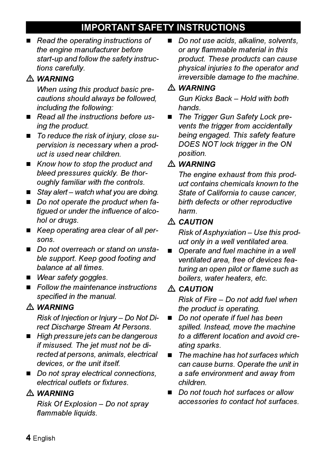 Karcher G 3050 OH, G 3025 OH manual Important Safety Instructions 