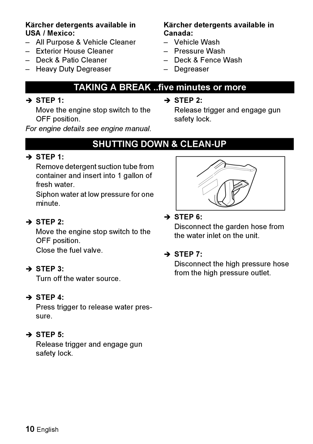 Karcher G 4000 RH manual Shutting Down & CLEAN-UP, Kärcher detergents available, USA / Mexico Canada 