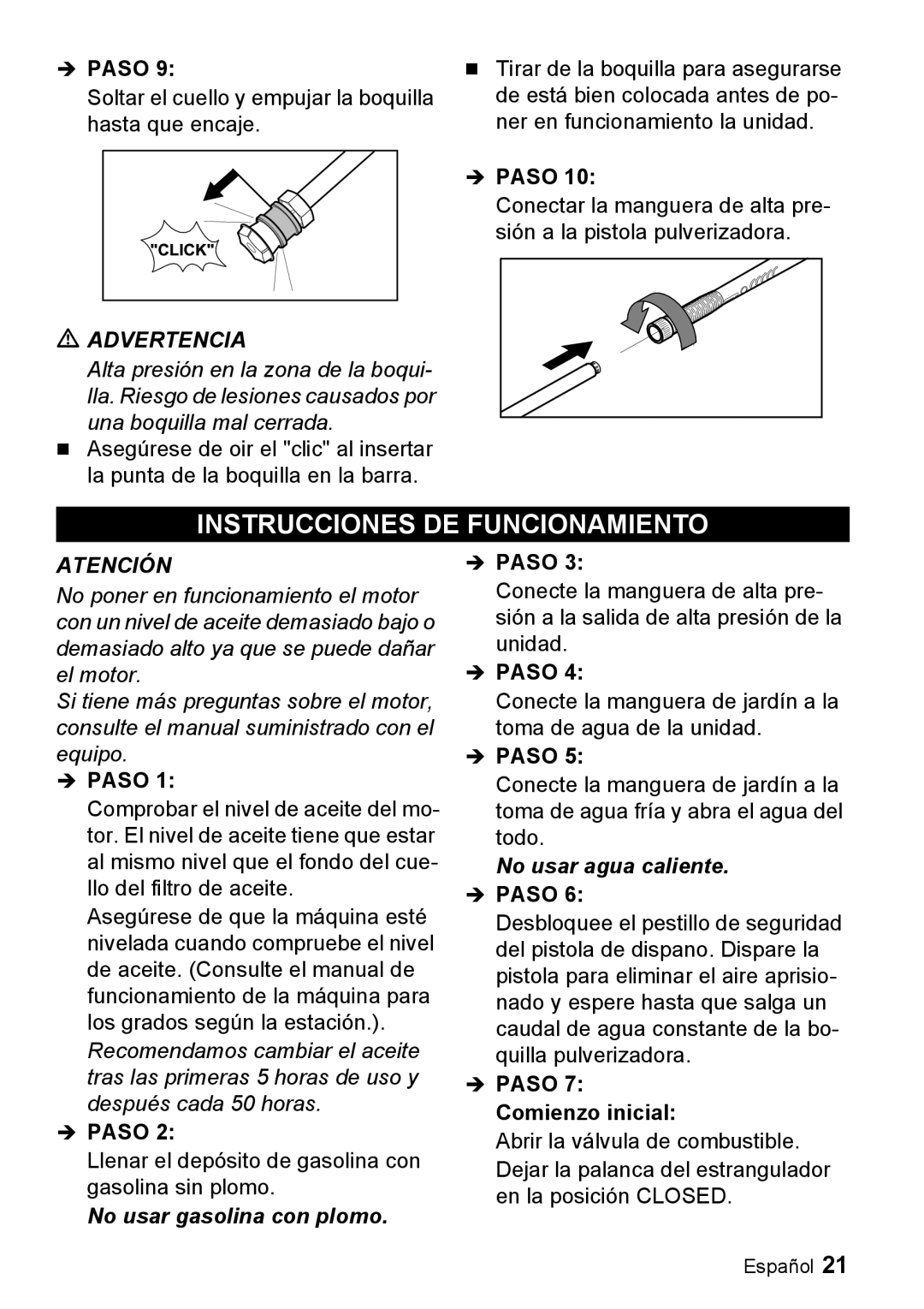 Karcher G 4000 RH manual Instrucciones DE Funcionamiento, Paso 7 Comienzo inicial 