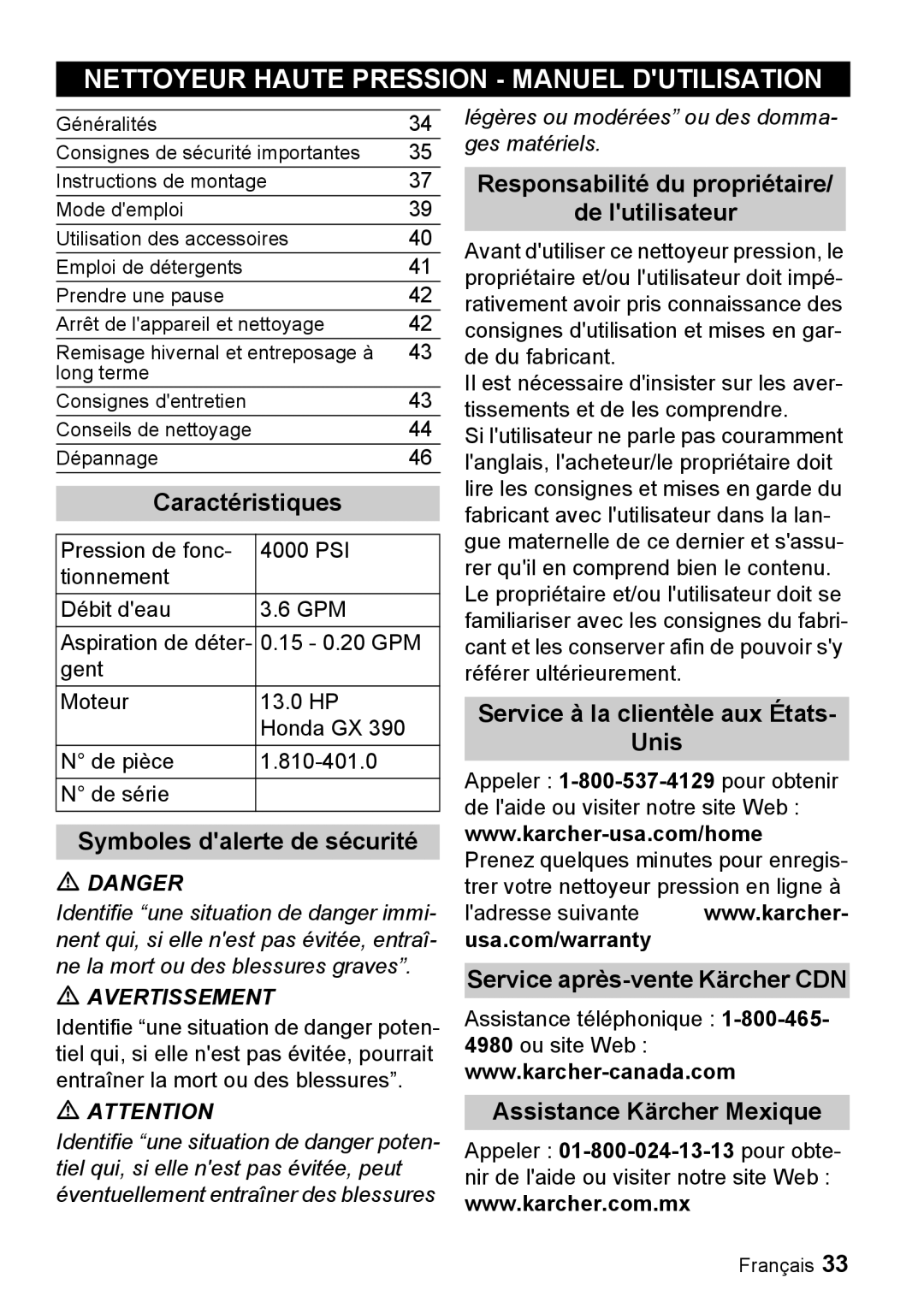 Karcher G 4000 RH manual Nettoyeur Haute Pression Manuel Dutilisation, Caractéristiques, Symboles dalerte de sécurité 