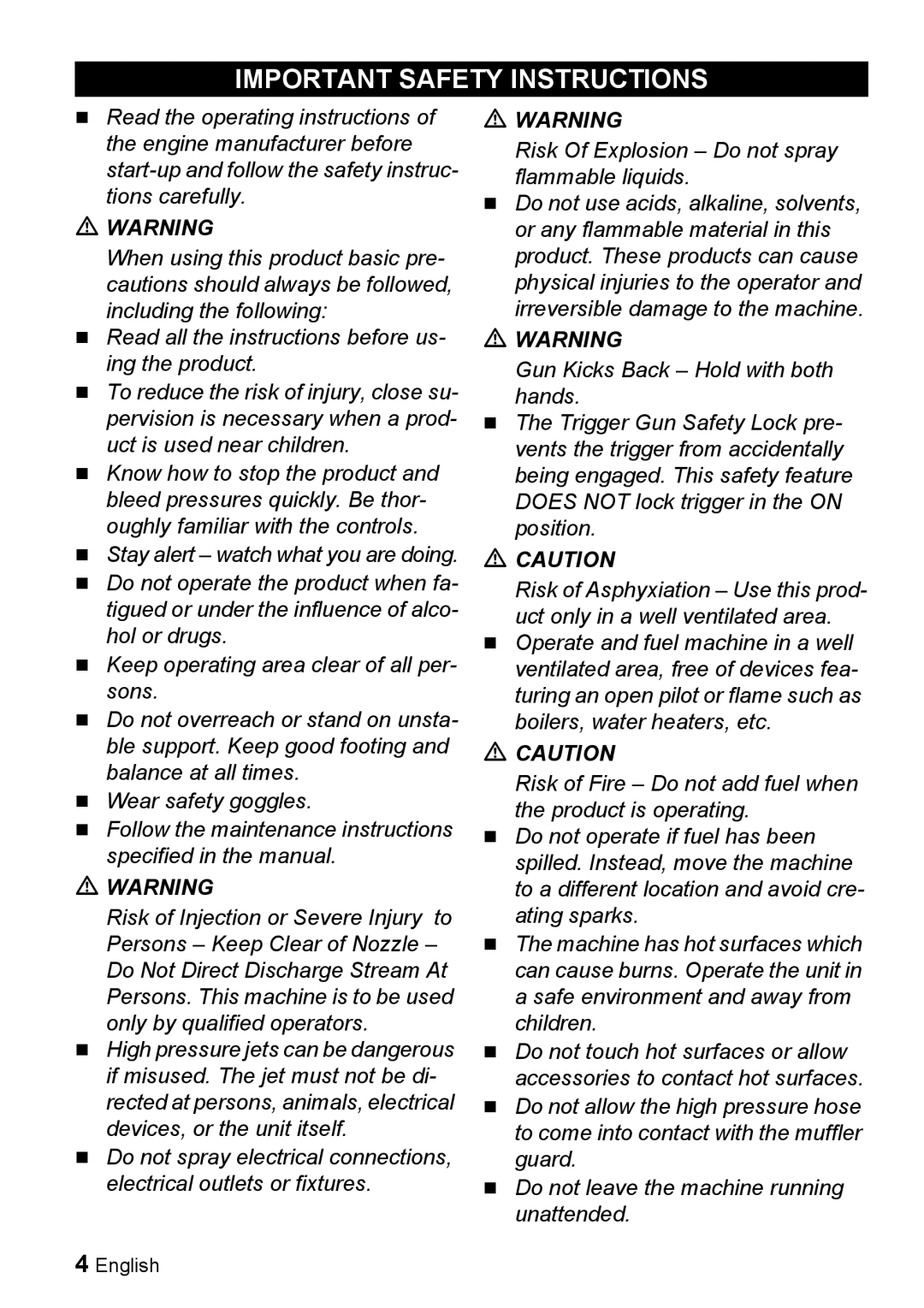 Karcher G 4000 RH manual Important Safety Instructions 