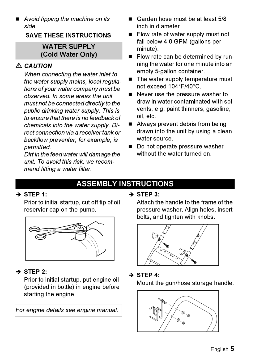 Karcher G 4000 RH manual Assembly Instructions, Water Supply Cold Water Only, Step 