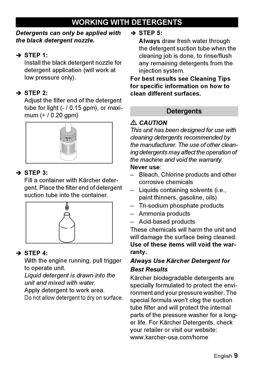 Karcher G 4000 RH manual Working with Detergents, Use of these items will void the war- ranty 