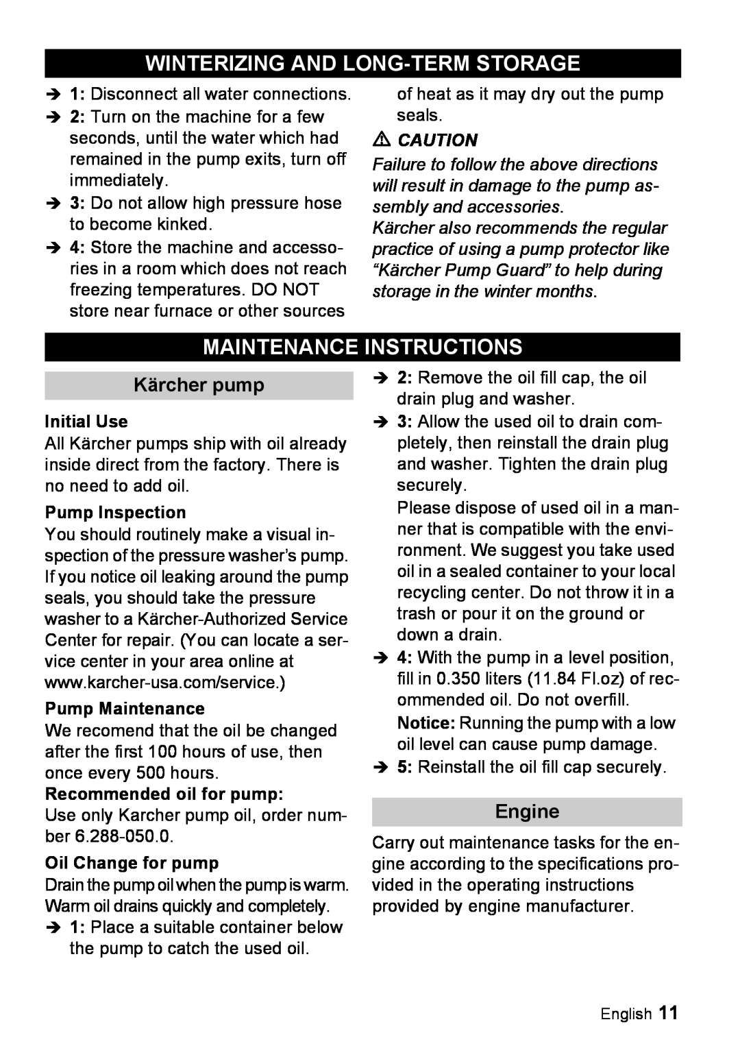 Karcher G 4000 RH manual Winterizing And Long-Termstorage, Maintenance Instructions, Kärcher pump, Engine 