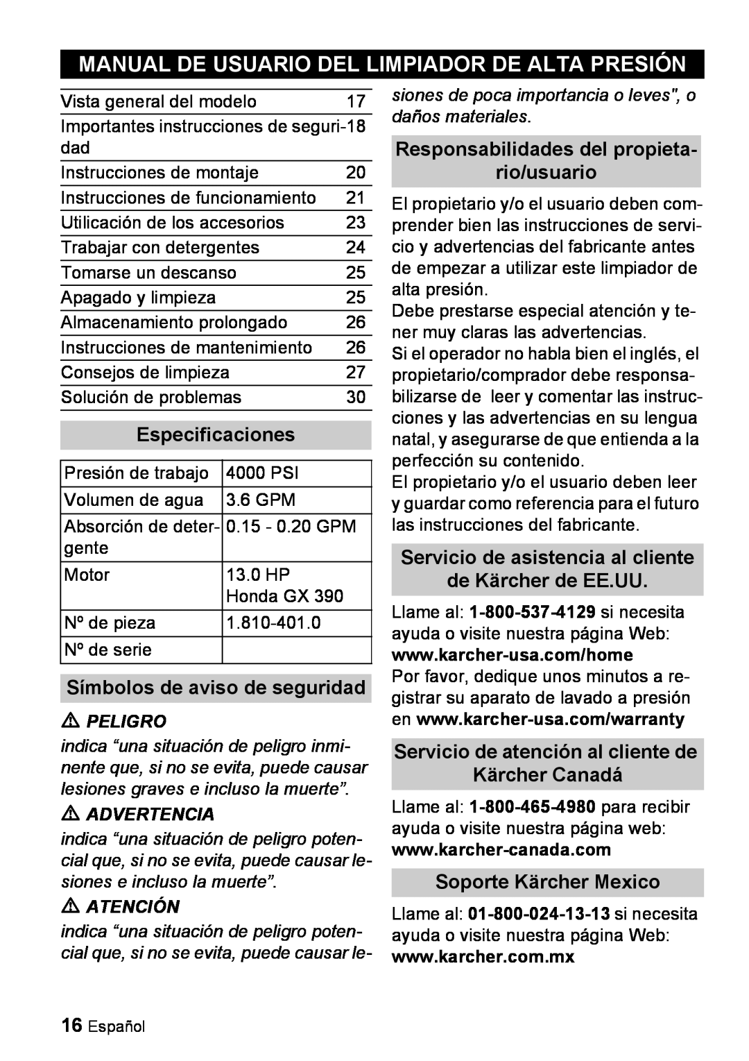 Karcher G 4000 RH manual Manual De Usuario Del Limpiador De Alta Presión, Especificaciones, Símbolos de aviso de seguridad 