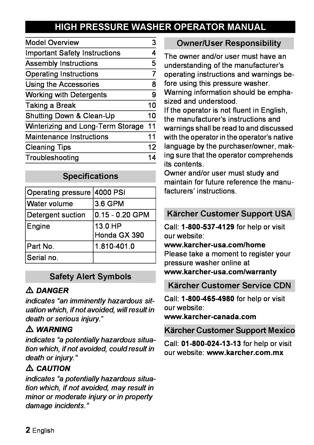 Karcher G 4000 RH High Pressure Washer Operator Manual, Specifications, Safety Alert Symbols, Owner/User Responsibility 