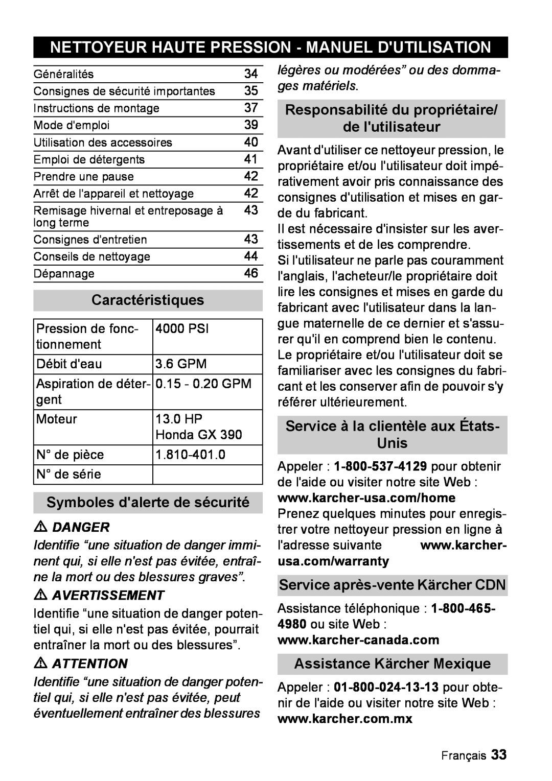 Karcher G 4000 RH Nettoyeur Haute Pression - Manuel Dutilisation, Caractéristiques, Symboles dalerte de sécurité, Danger 