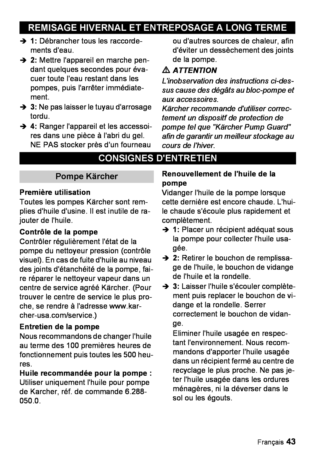 Karcher G 4000 RH manual Remisage Hivernal Et Entreposage A Long Terme, Consignes Dentretien, Pompe Kärcher 