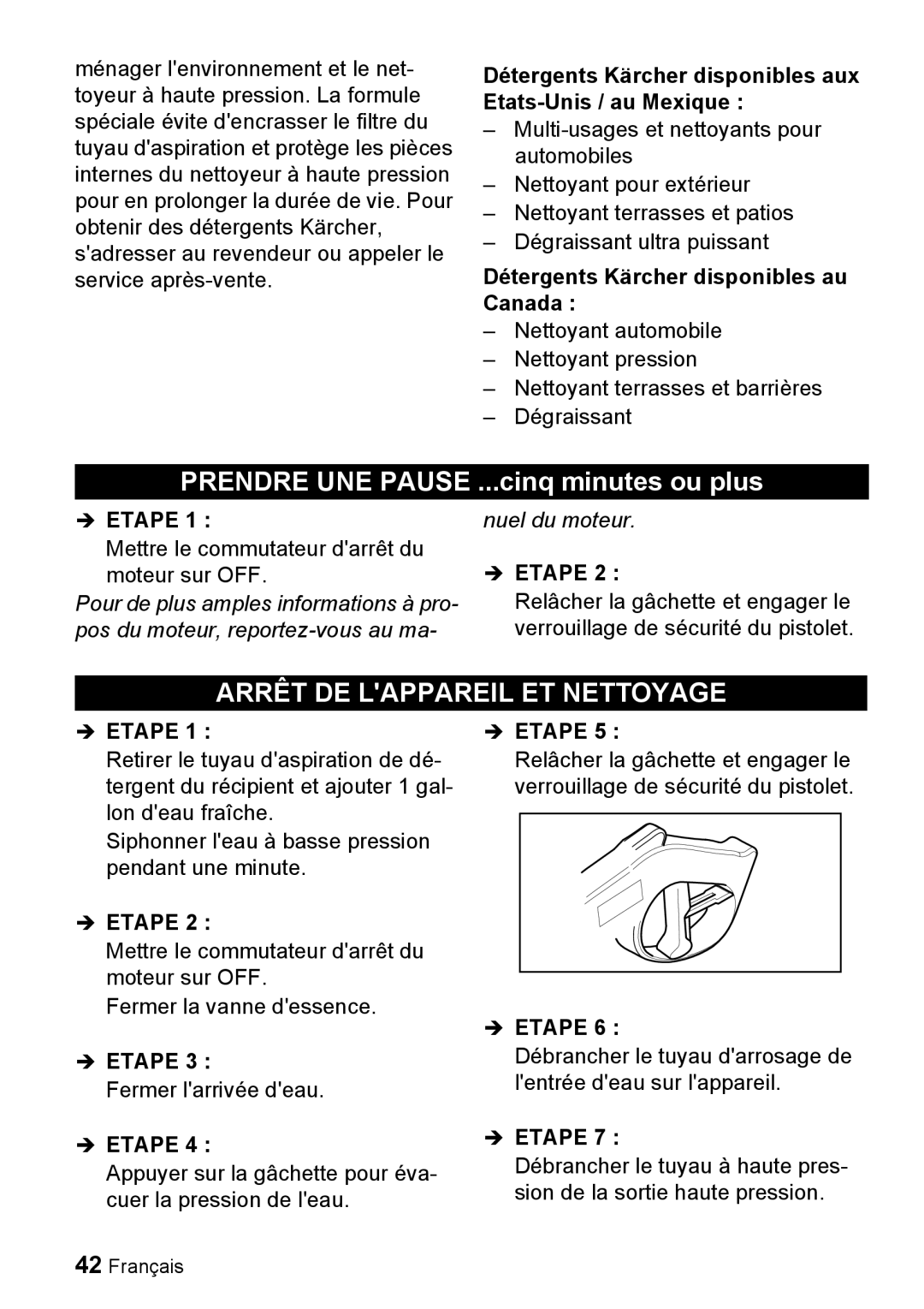 Karcher G 4000 SH manual Arrêt DE Lappareil ET Nettoyage, Détergents Kärcher disponibles aux Etats-Unis / au Mexique 