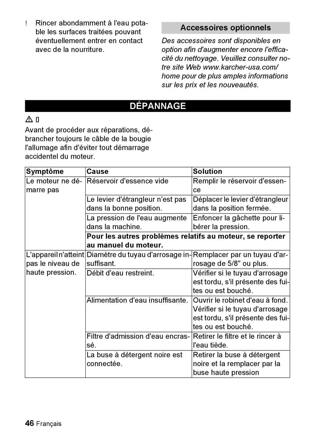 Karcher G 4000 SH manual Dépannage, Accessoires optionnels, Symptôme Cause Solution, Au manuel du moteur 