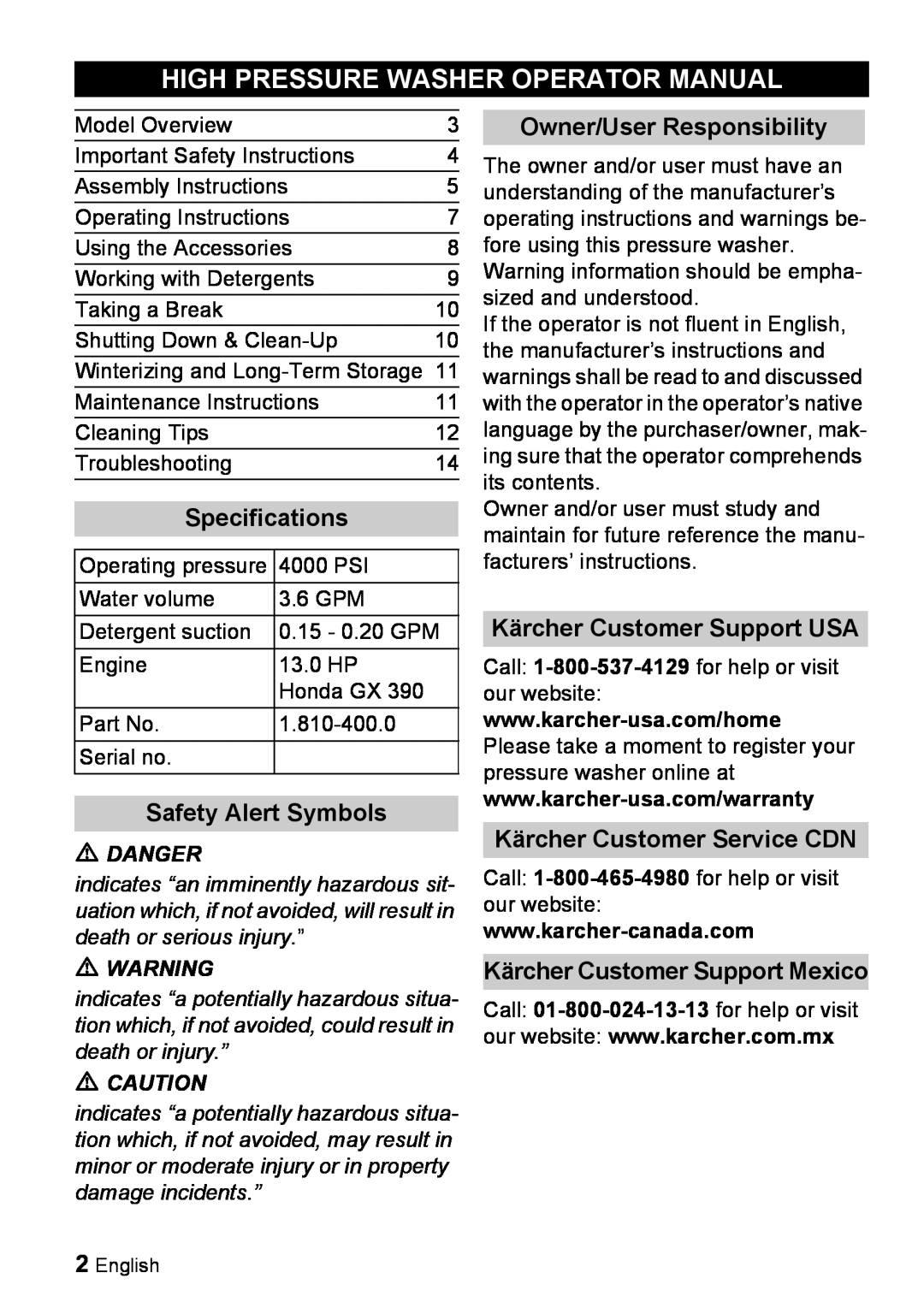 Karcher G 4000 SH High Pressure Washer Operator Manual, Specifications, Safety Alert Symbols, Owner/User Responsibility 