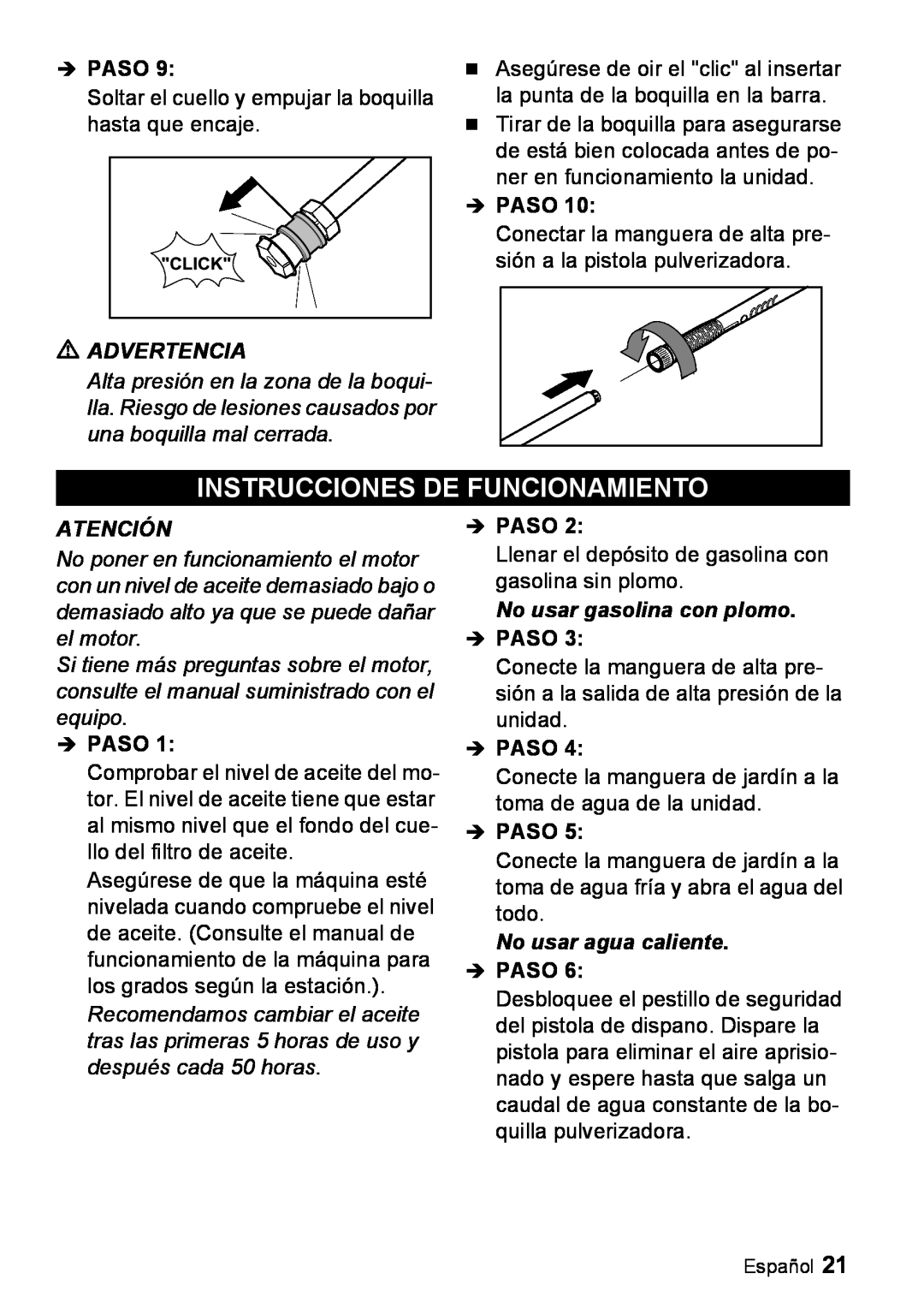 Karcher G 4000 SH manual Instrucciones De Funcionamiento, Advertencia, Atención, No usar gasolina con plomo 
