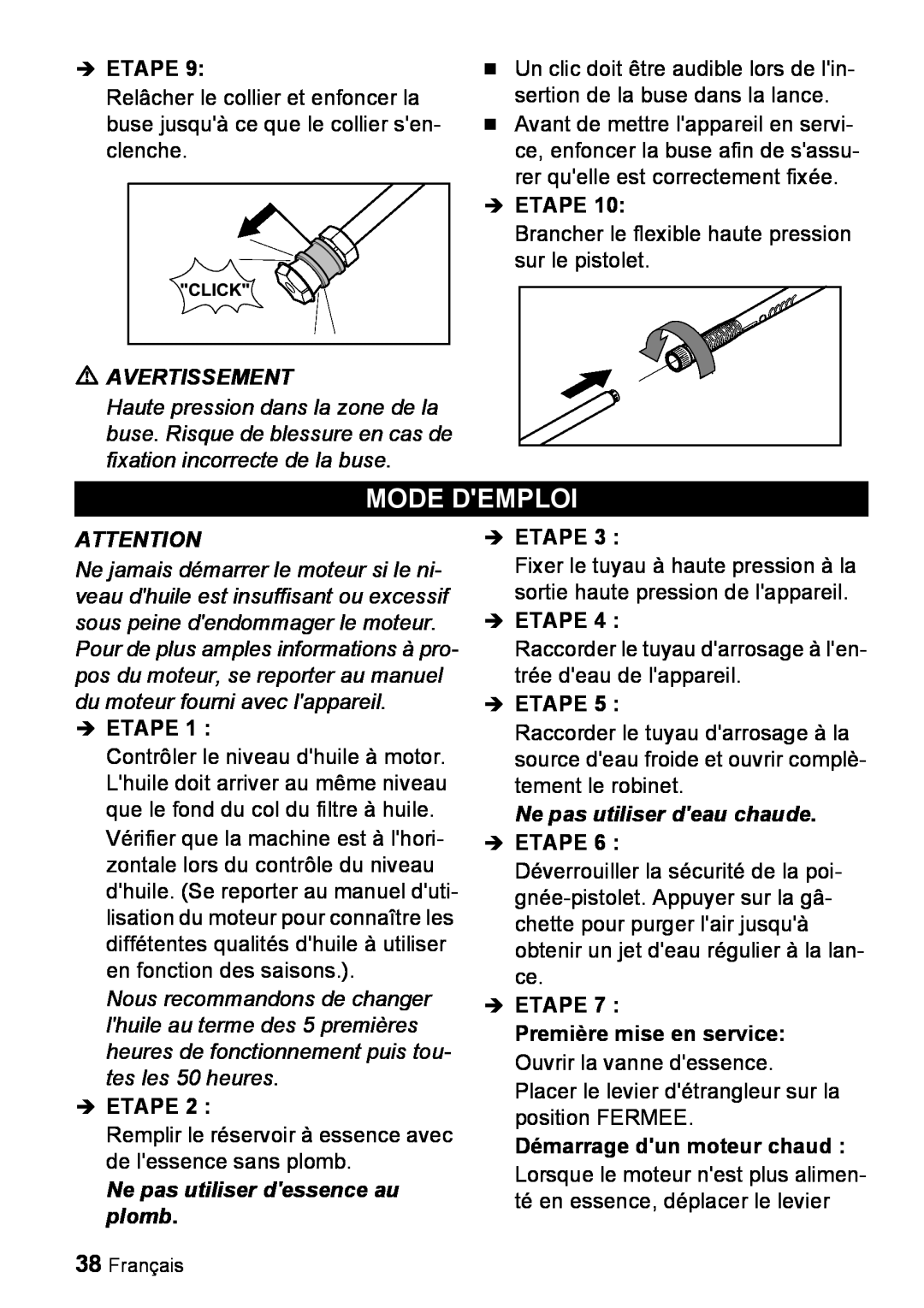 Karcher G 4000 SH manual Mode Demploi, Avertissement, Ne pas utiliser dessence au plomb, Ne pas utiliser deau chaude 