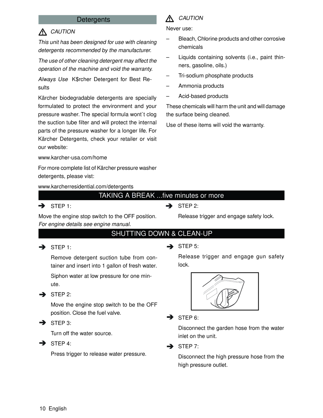 Karcher G2800XC, G2600XC manual Detergents, Shutting Down & CLEAN-UP 