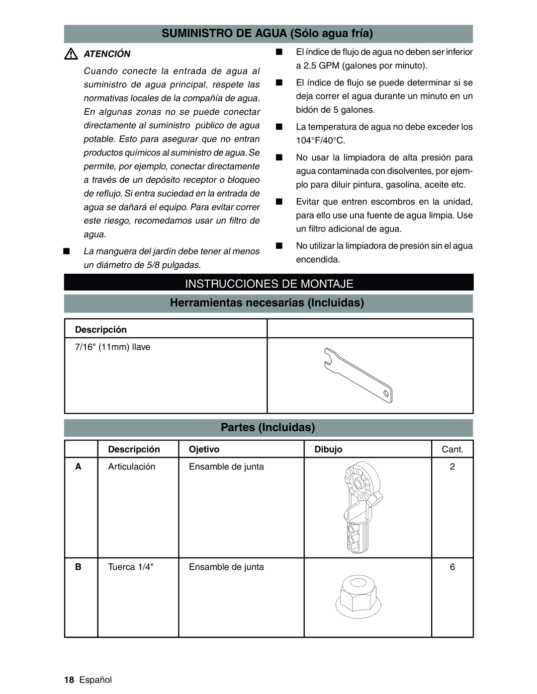 Karcher G2800XC, G2600XC Suministro DE Agua Sólo agua fría, Instrucciones DE Montaje, Herramientas necesarias Incluidas 