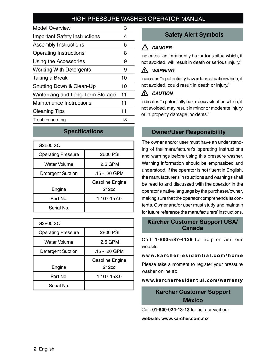 Karcher G2800XC manual Safety Alert Symbols, Speciﬁcations, Owner/User Responsibility, Kärcher Customer Support USA Canada 