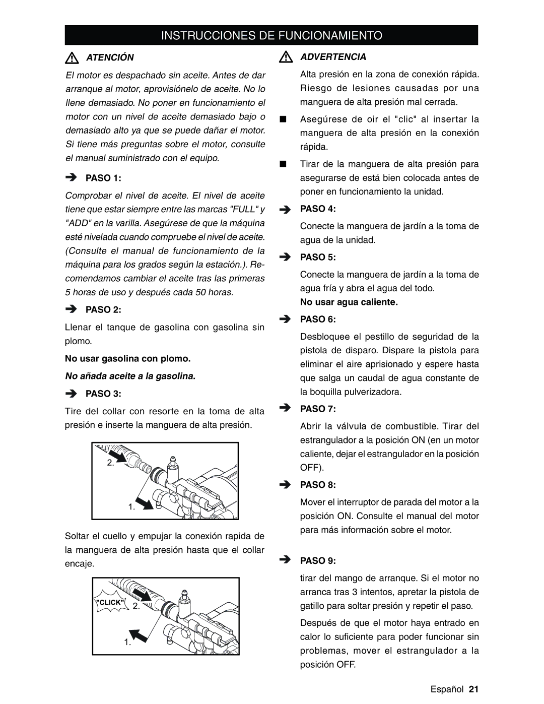 Karcher G2600XC, G2800XC manual Instrucciones DE Funcionamiento, No usar gasolina con plomo, No usar agua caliente 