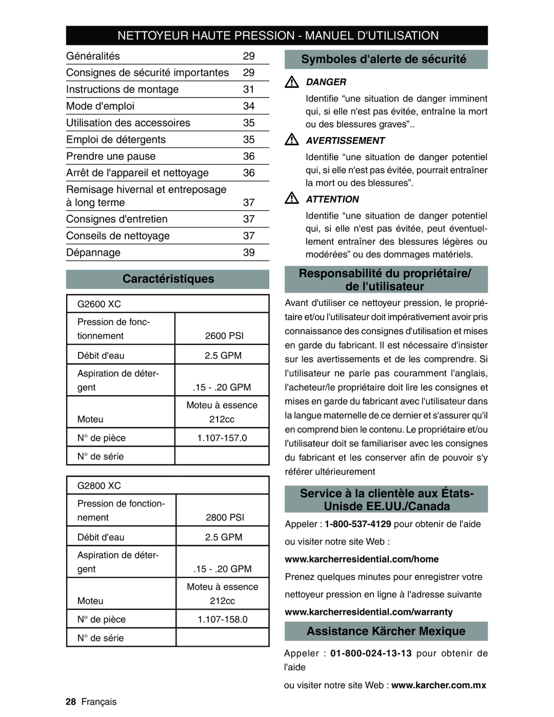 Karcher G2800XC, G2600XC Symboles dalerte de sécurité, Caractéristiques, Responsabilité du propriétaire De lutilisateur 