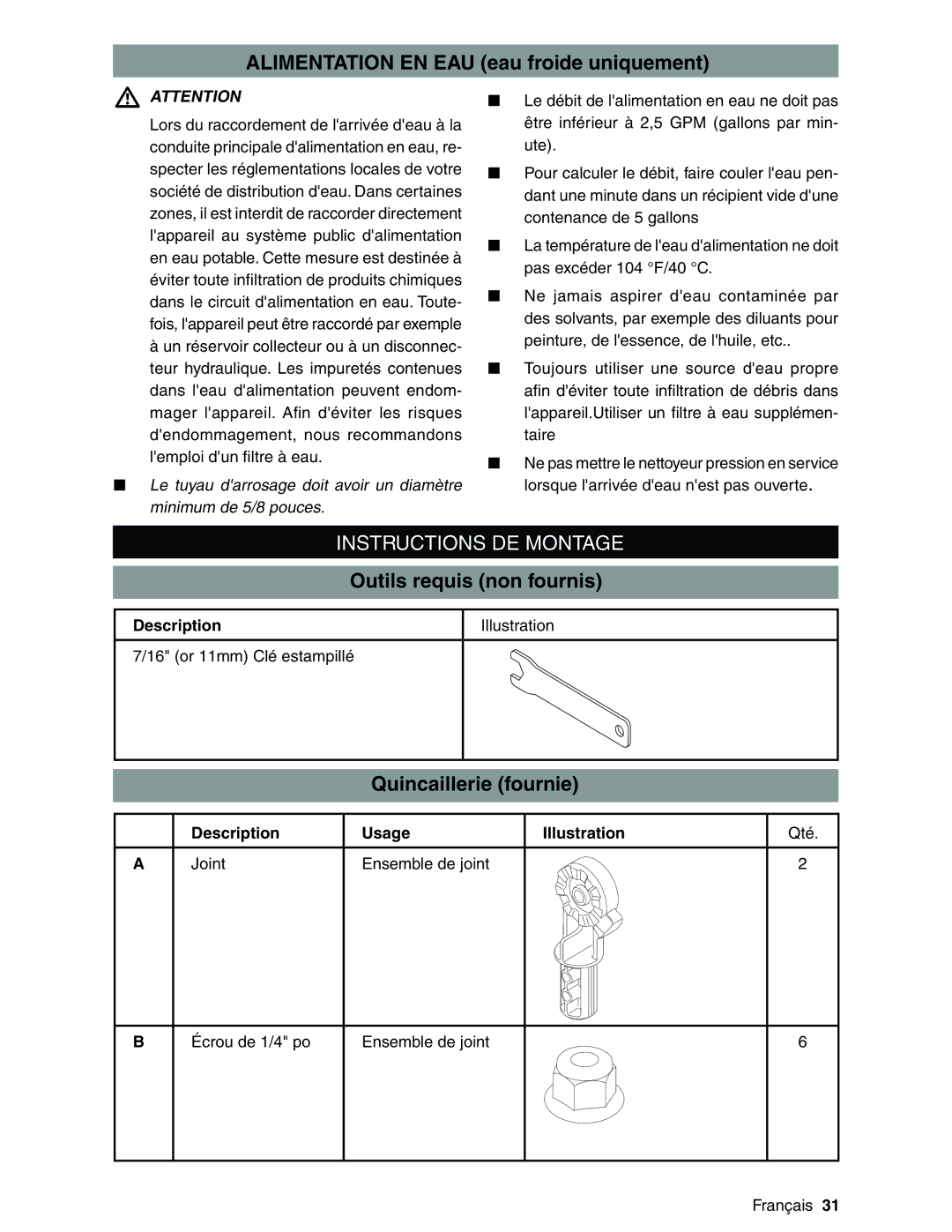 Karcher G2600XC, G2800XC Alimentation EN EAU eau froide uniquement, Instructions DE Montage, Outils requis non fournis 