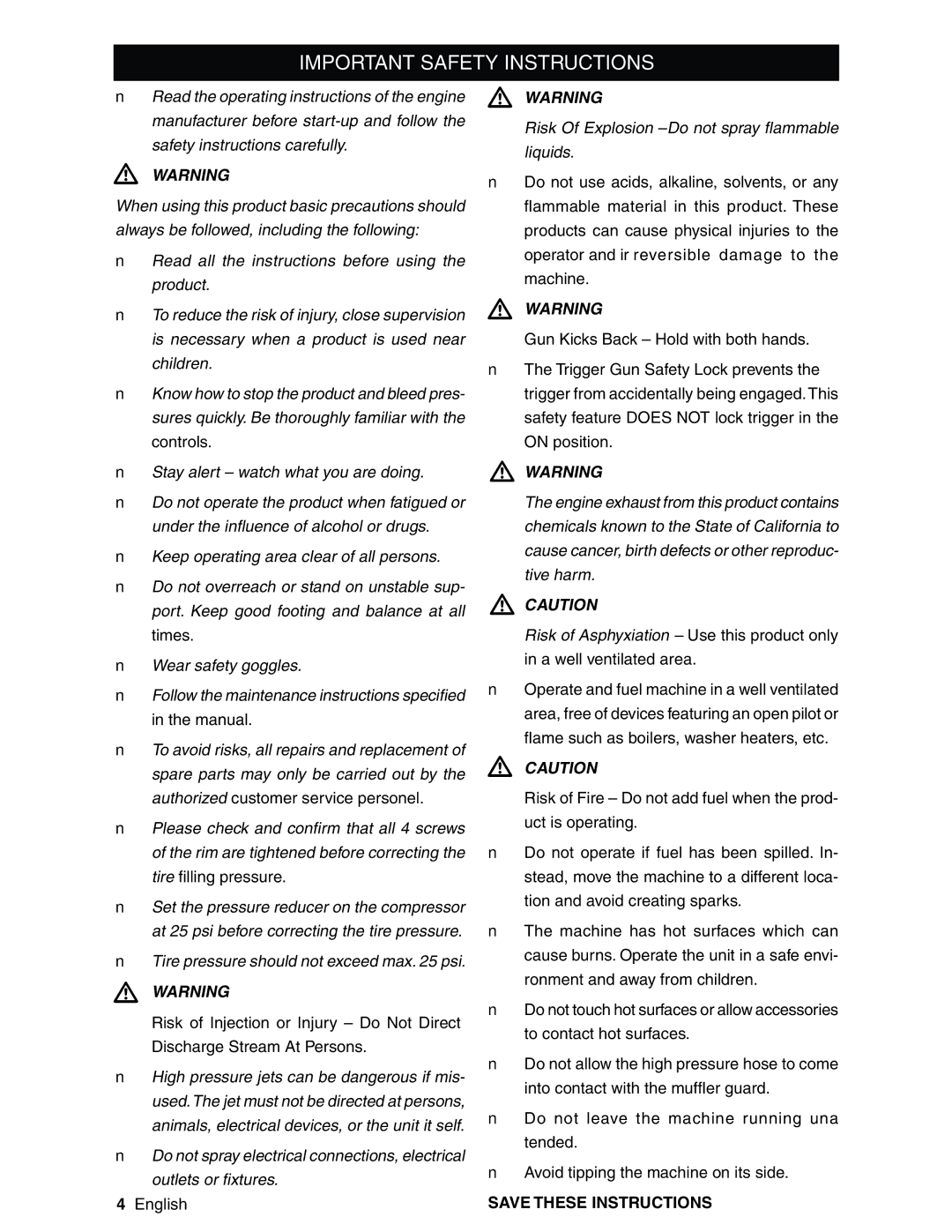 Karcher G2800XC, G2600XC manual Important Safety Instructions, Tire pressure should not exceed max psi 