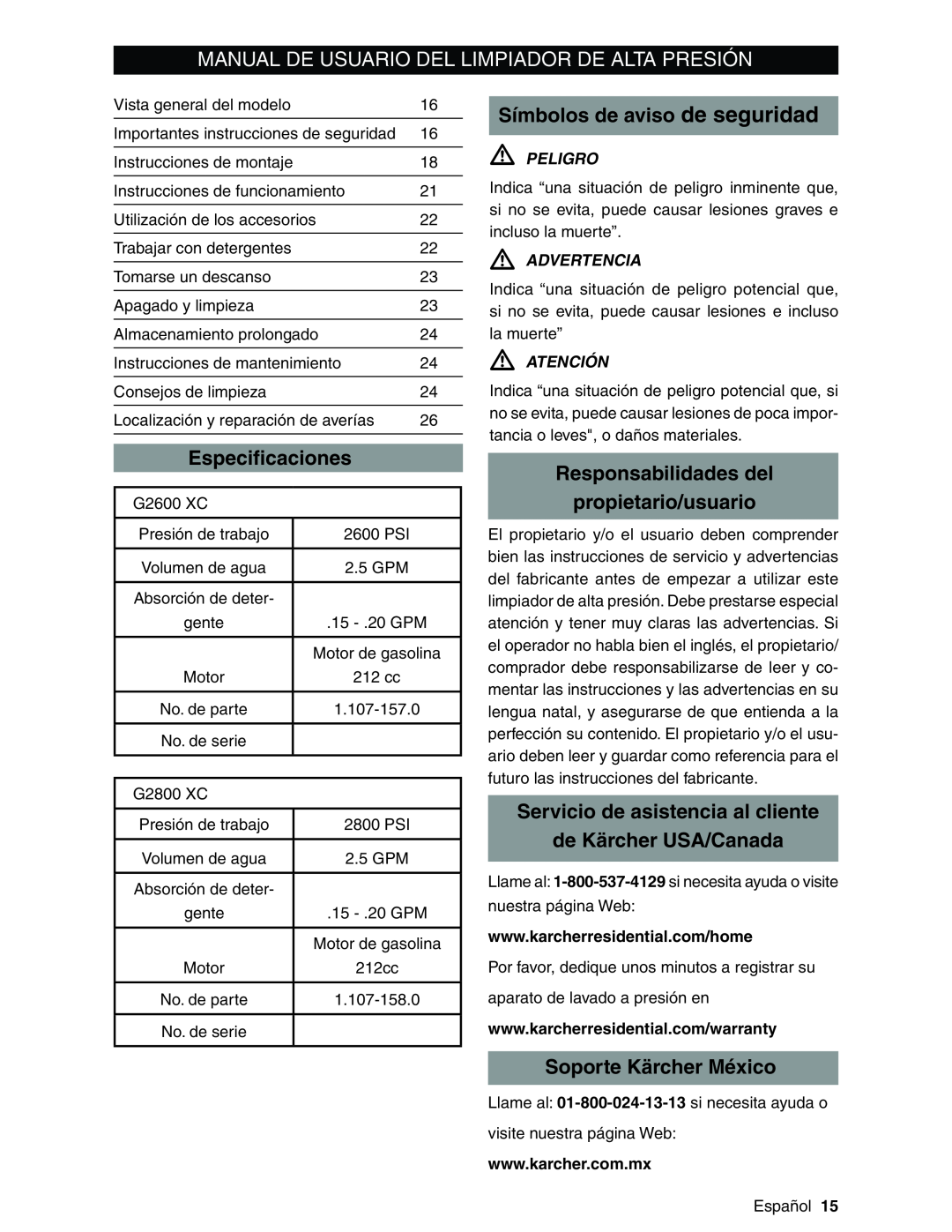 Karcher G2600XC Manual De Usuario Del Limpiador De Alta Presión, Símbolos de aviso de seguridad, Especiﬁcaciones, Peligro 