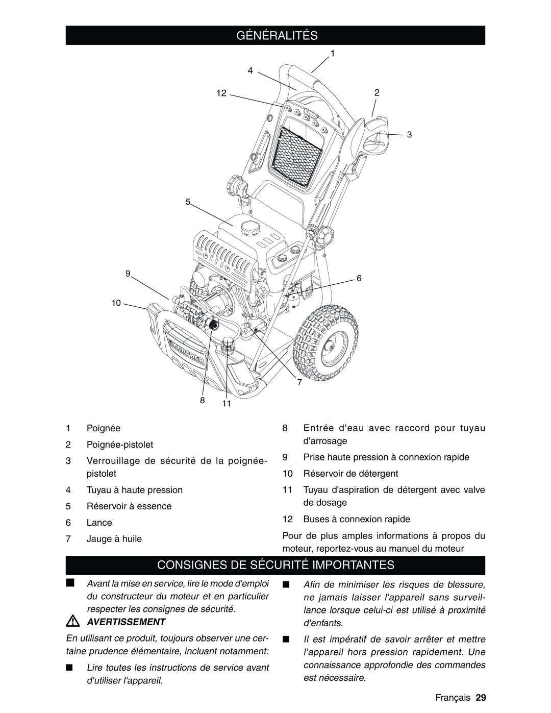 Karcher G2600XC manual Généralités, Consignes De Sécurité Importantes, respecter les consignes de sécurité, Avertissement 