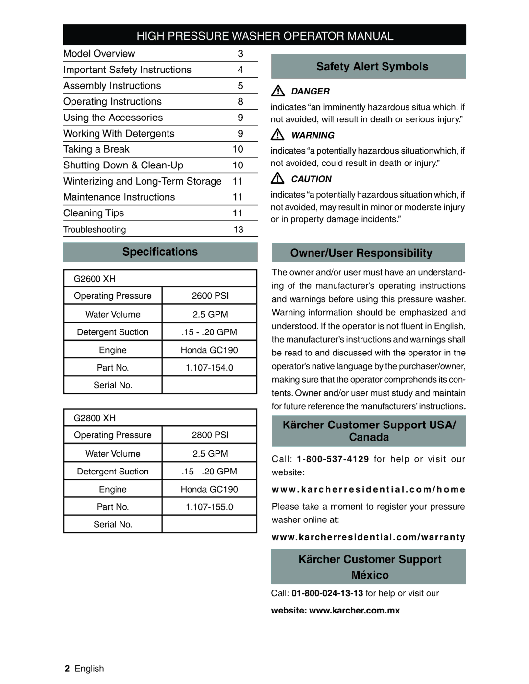 Karcher G2800XH manual Safety Alert Symbols, Speciﬁcations, Owner/User Responsibility, Kärcher Customer Support USA Canada 