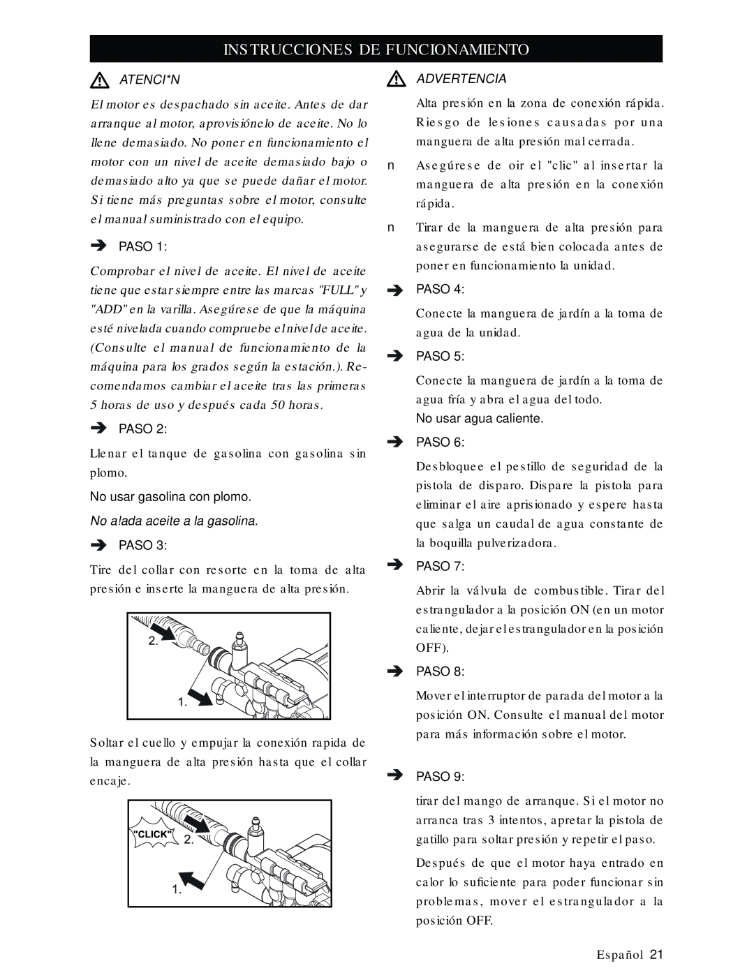 Karcher G2600XH, G2800XH manual Instrucciones DE Funcionamiento, No usar gasolina con plomo, No usar agua caliente 