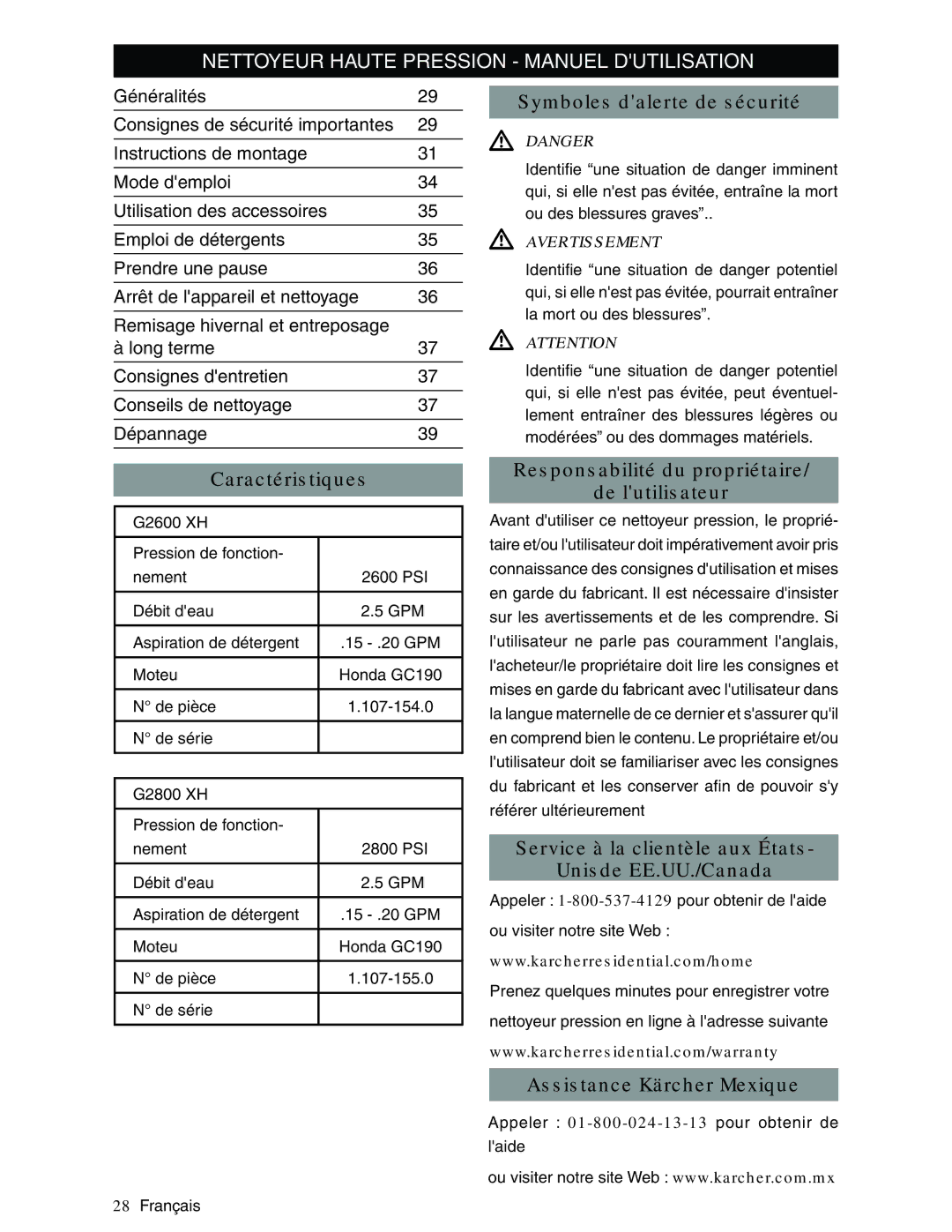 Karcher G2800XH, G2600XH Symboles dalerte de sécurité, Caractéristiques, Responsabilité du propriétaire De lutilisateur 