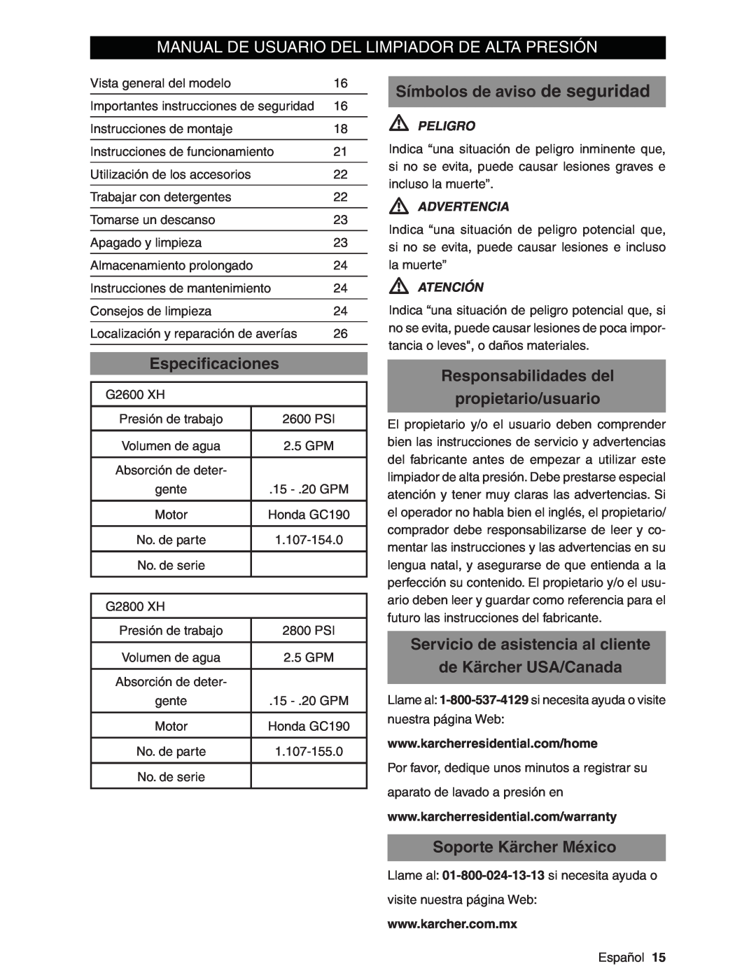 Karcher G2600XH Manual De Usuario Del Limpiador De Alta Presión, Símbolos de aviso de seguridad, Especiﬁcaciones, Peligro 