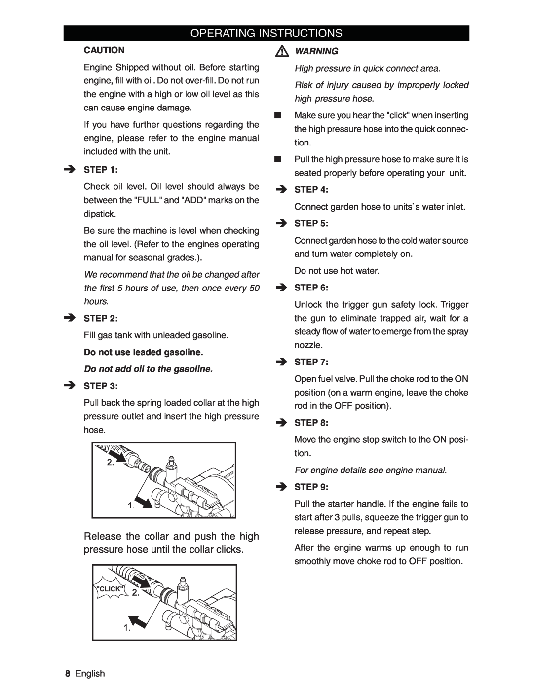 Karcher G2800XH, G2600XH manual Operating Instructions, Do not add oil to the gasoline 