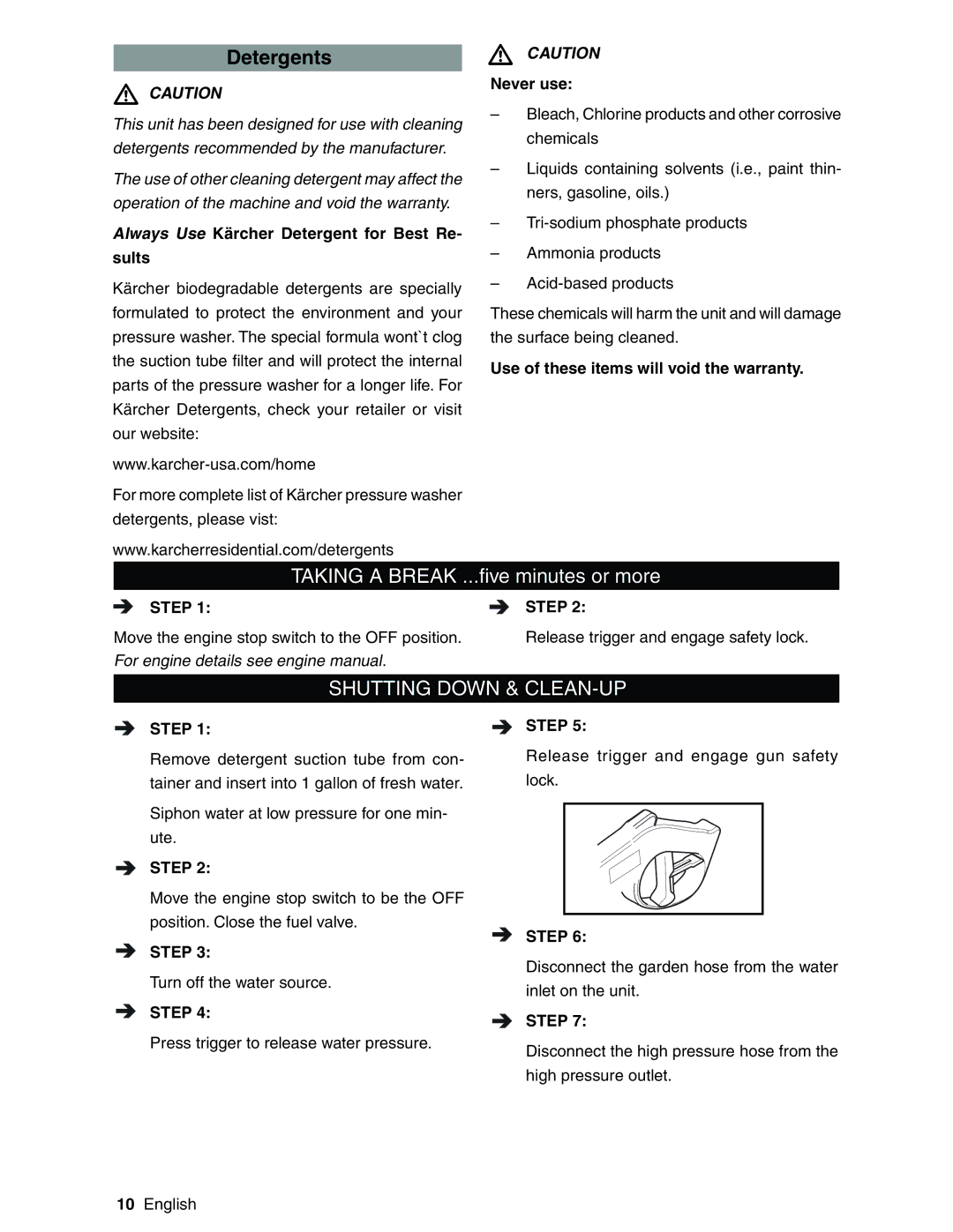 Karcher G3200XH manual Detergents, Shutting Down & CLEAN-UP 