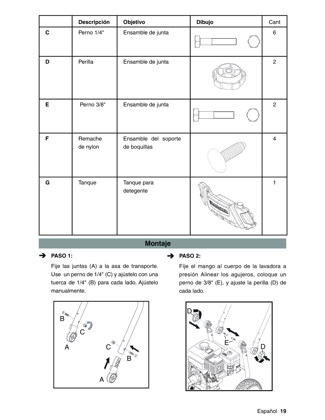 Karcher G3200XH manual Montaje, Descripción Objetivo Dibujo, Paso 