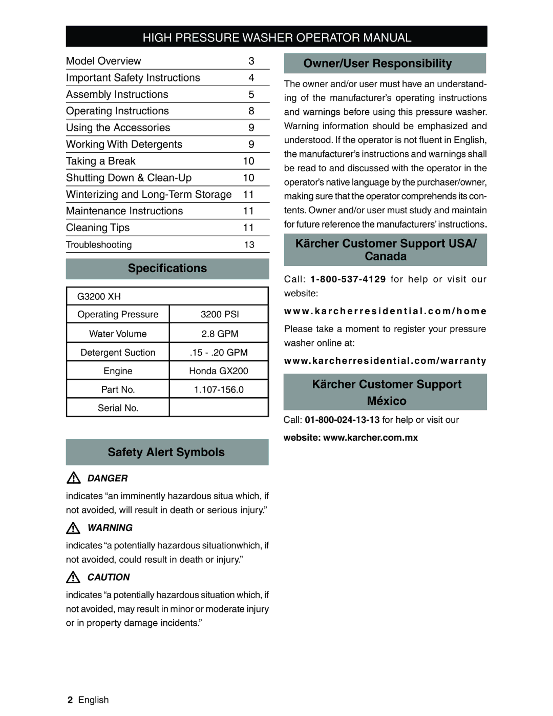 Karcher G3200XH manual High Pressure Washer Operator Manual, Speciﬁcations, Safety Alert Symbols Owner/User Responsibility 