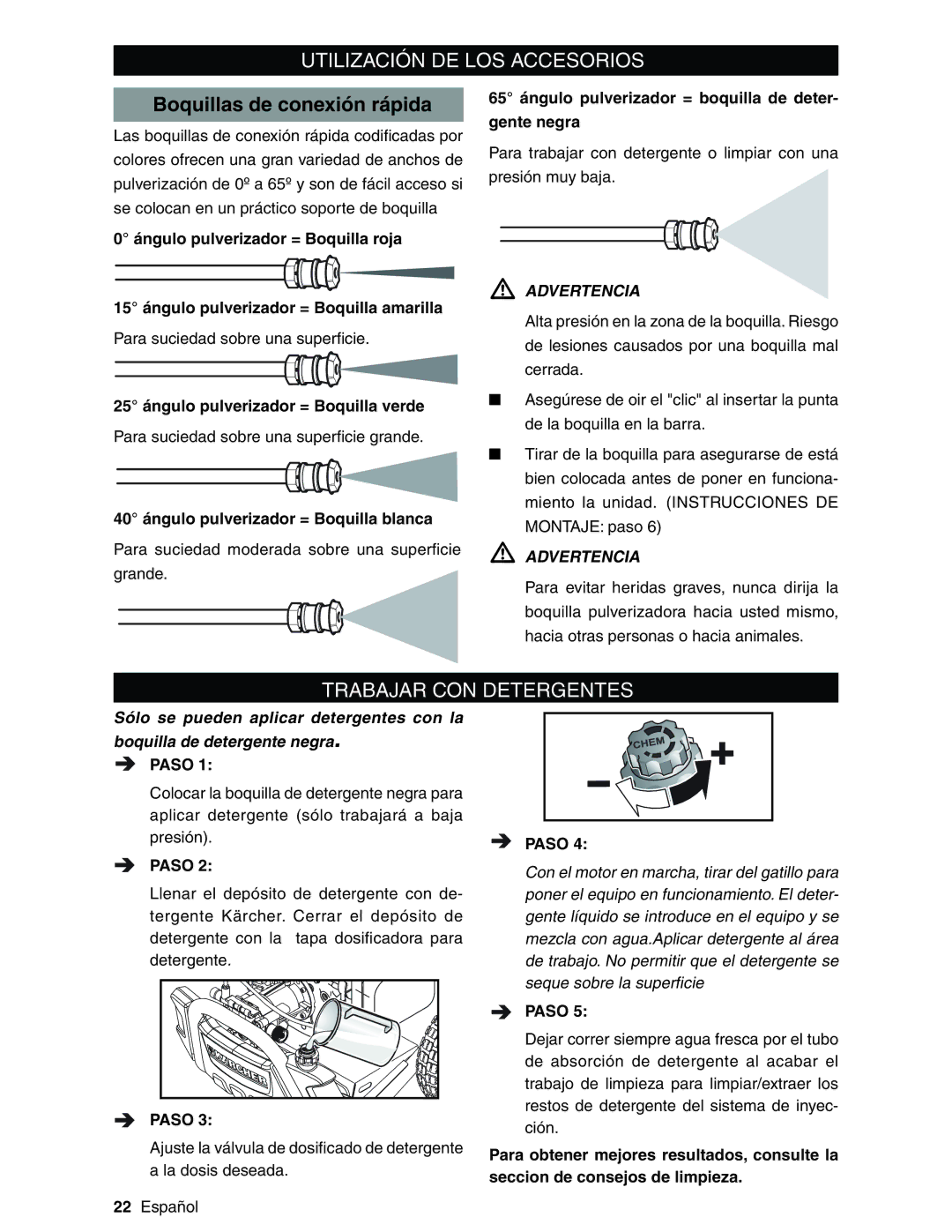 Karcher G3200XH manual Utilización DE LOS Accesorios, Boquillas de conexión rápida, Trabajar CON Detergentes 