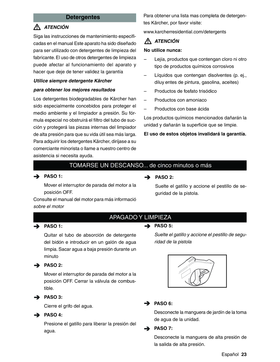 Karcher G3200XH manual Detergentes, Apagado Y Limpieza, No utilice nunca, El uso de estos objetos invalidará la garantía 