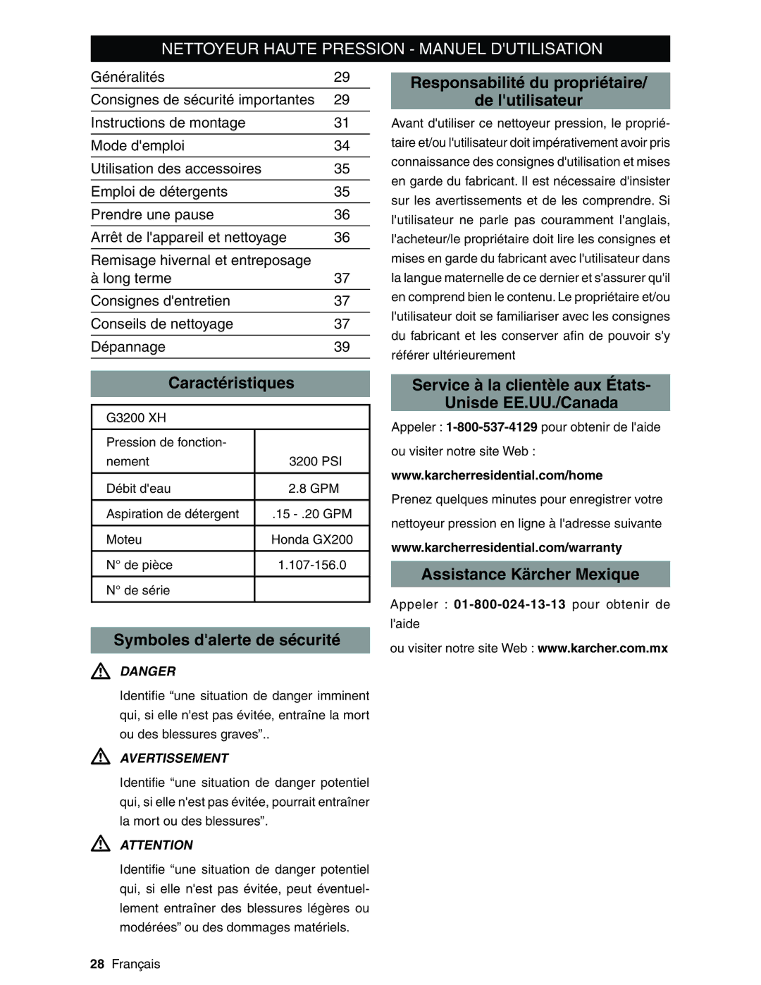 Karcher G3200XH manual Responsabilité du propriétaire De lutilisateur, Caractéristiques, Symboles dalerte de sécurité 