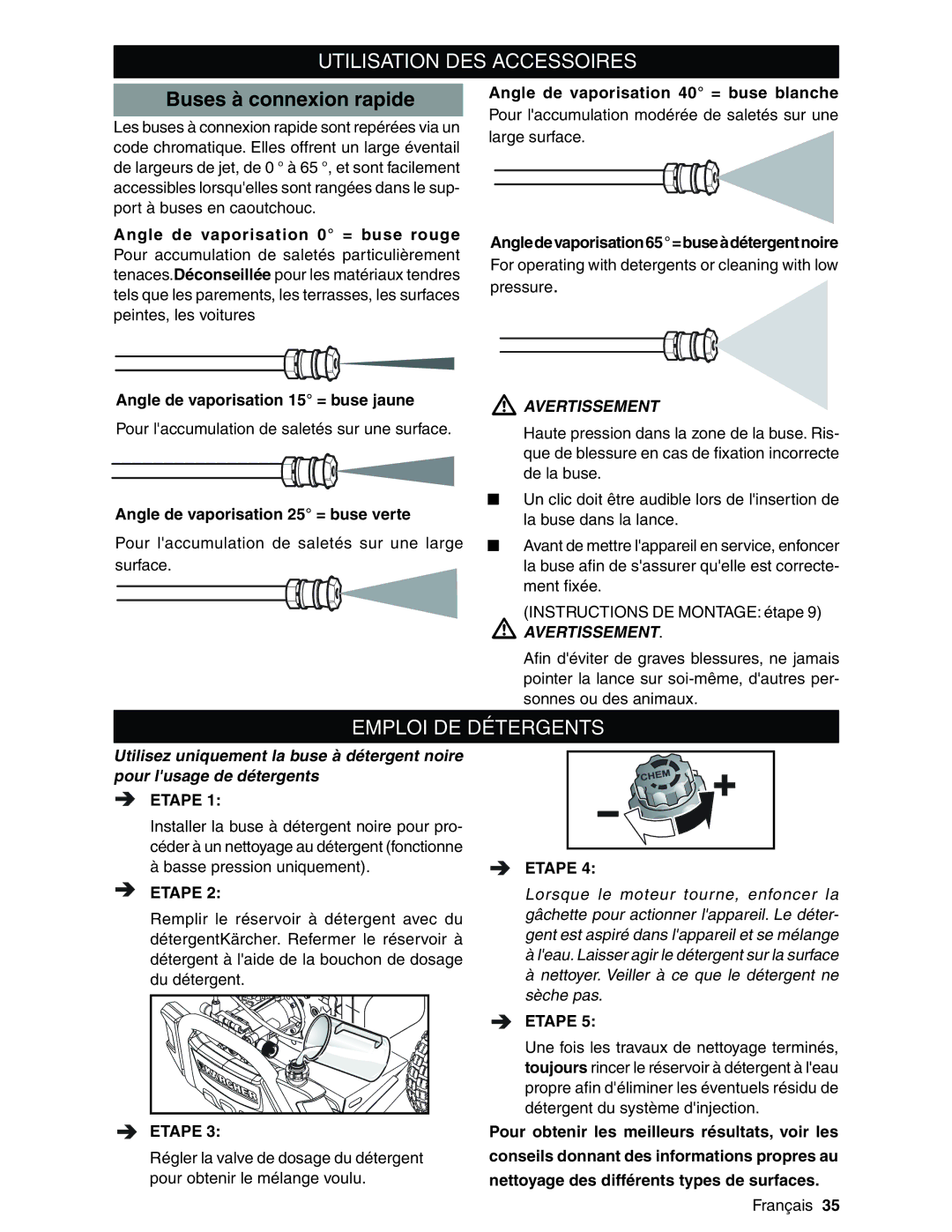 Karcher G3200XH manual Utilisation DES Accessoires, Buses à connexion rapide, Emploi DE Détergents 