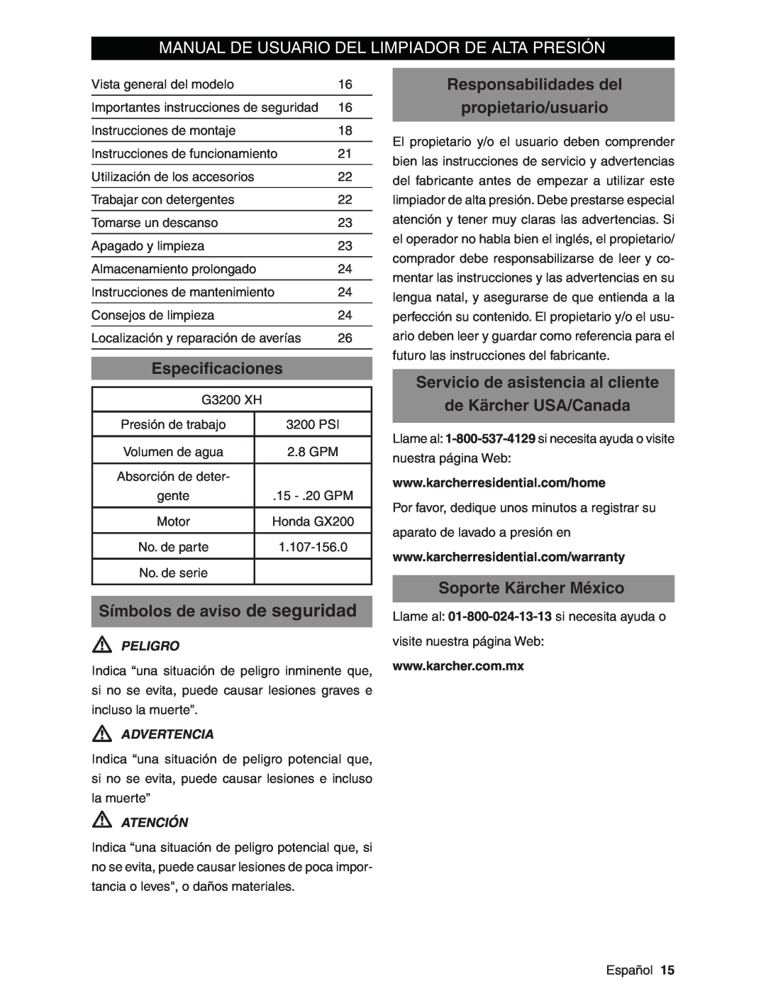 Karcher G3200XH Manual De Usuario Del Limpiador De Alta Presión, Especiﬁcaciones, Símbolos de aviso de seguridad, Peligro 