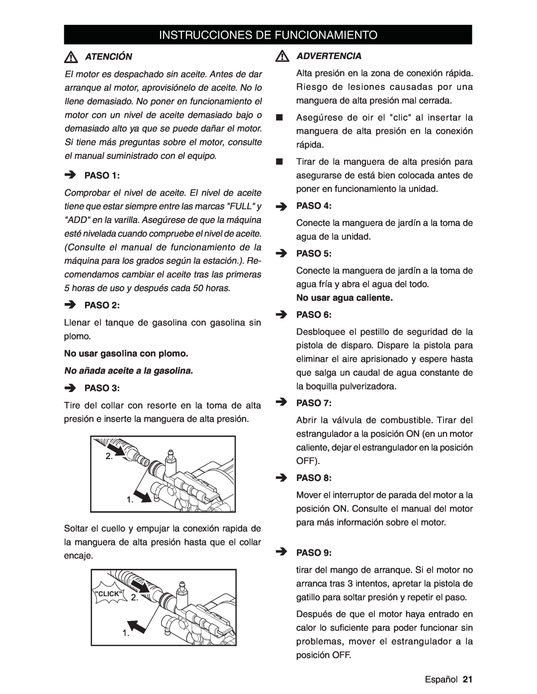 Karcher G3200XH manual Instrucciones De Funcionamiento, Atención, Advertencia, No añada aceite a la gasolina 