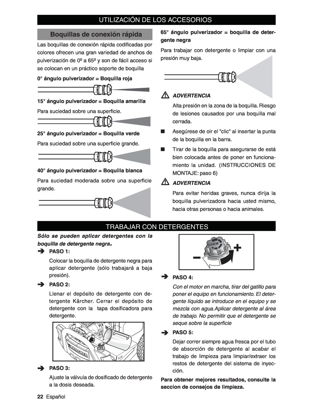 Karcher G3200XH manual Utilización De Los Accesorios, Boquillas de conexión rápida, Trabajar Con Detergentes, Advertencia 