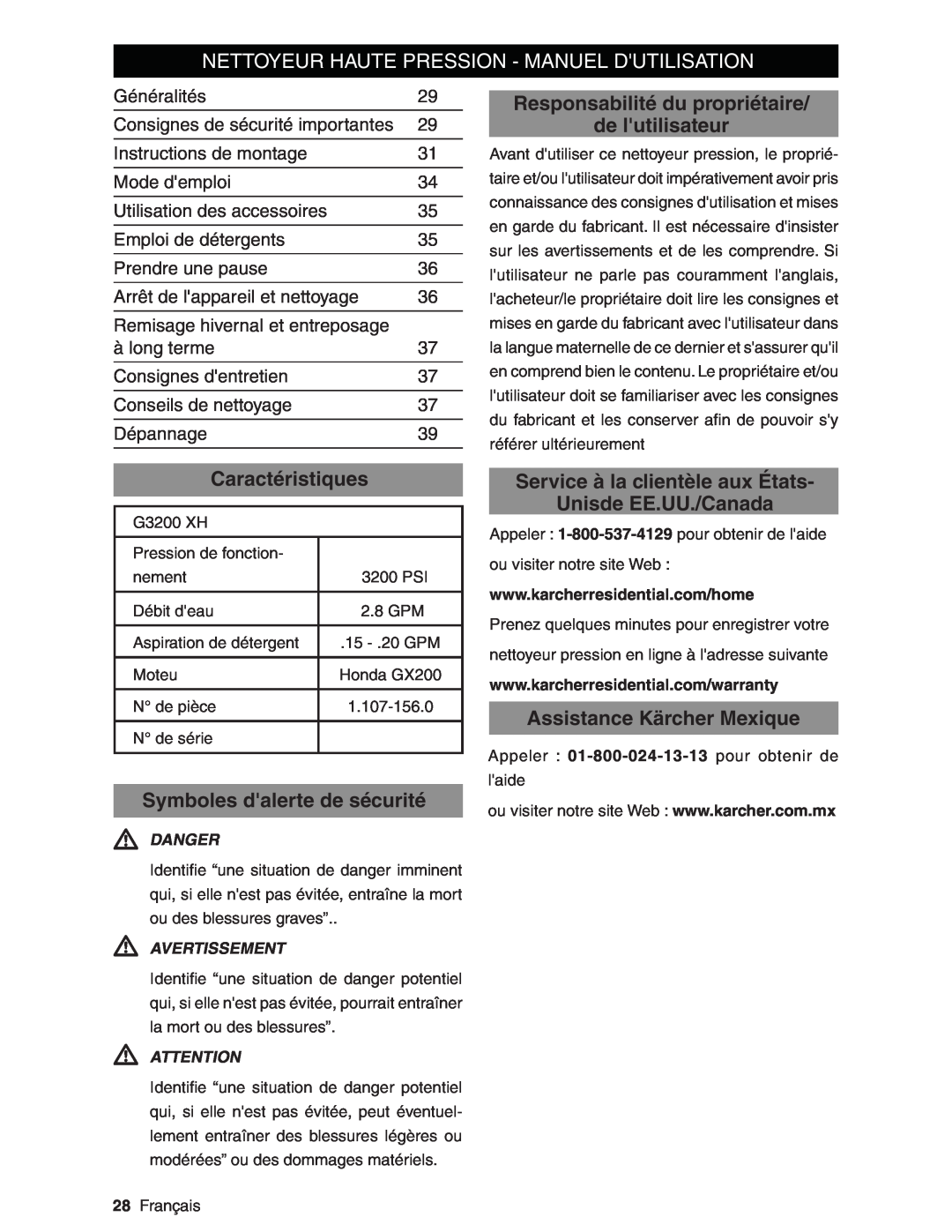 Karcher G3200XH manual Nettoyeur Haute Pression - Manuel Dutilisation, Responsabilité du propriétaire de lutilisateur 