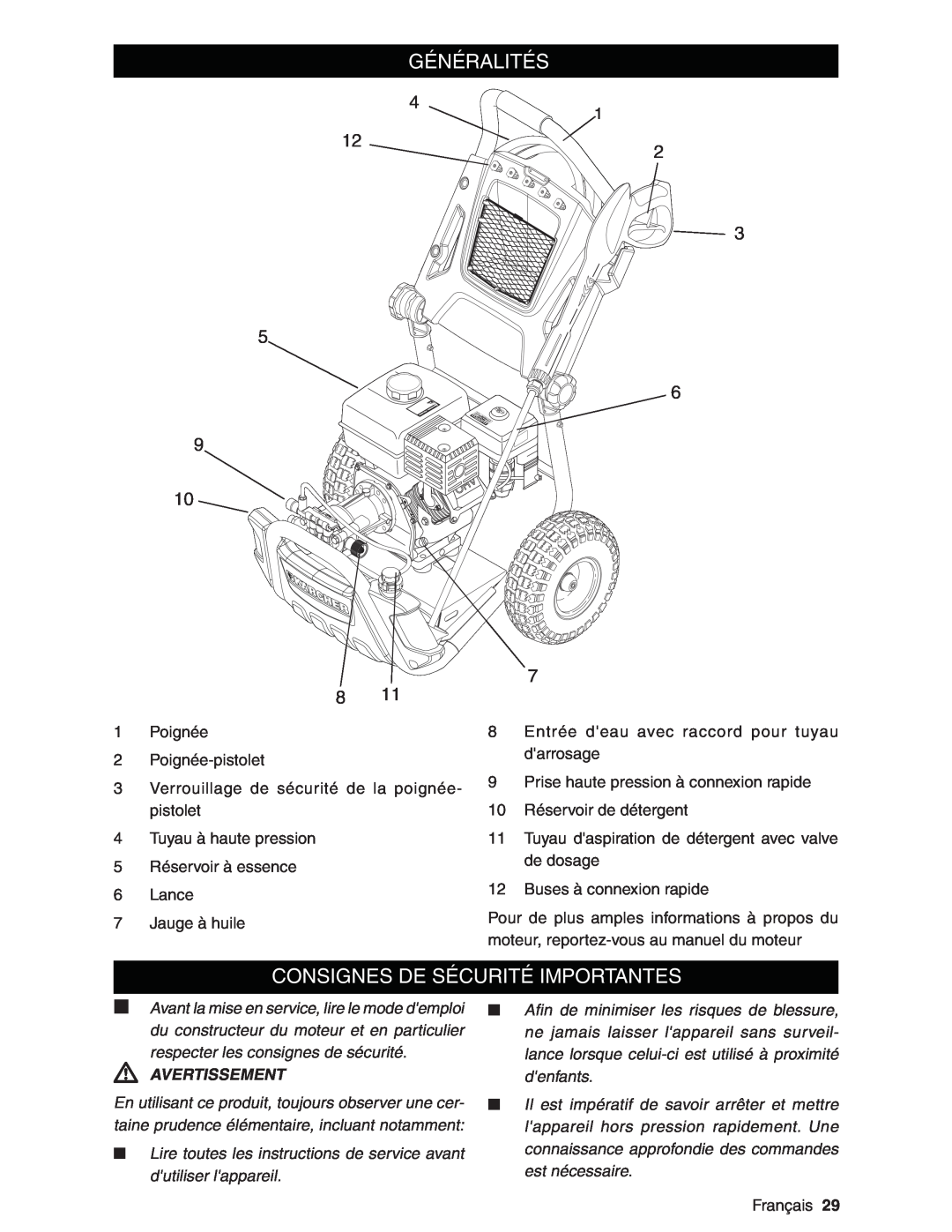 Karcher G3200XH manual Généralités, Consignes De Sécurité Importantes, Avertissement 