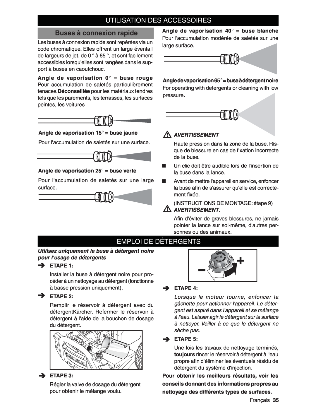 Karcher G3200XH manual Utilisation Des Accessoires, Buses à connexion rapide, Emploi De Détergents, Avertissement 