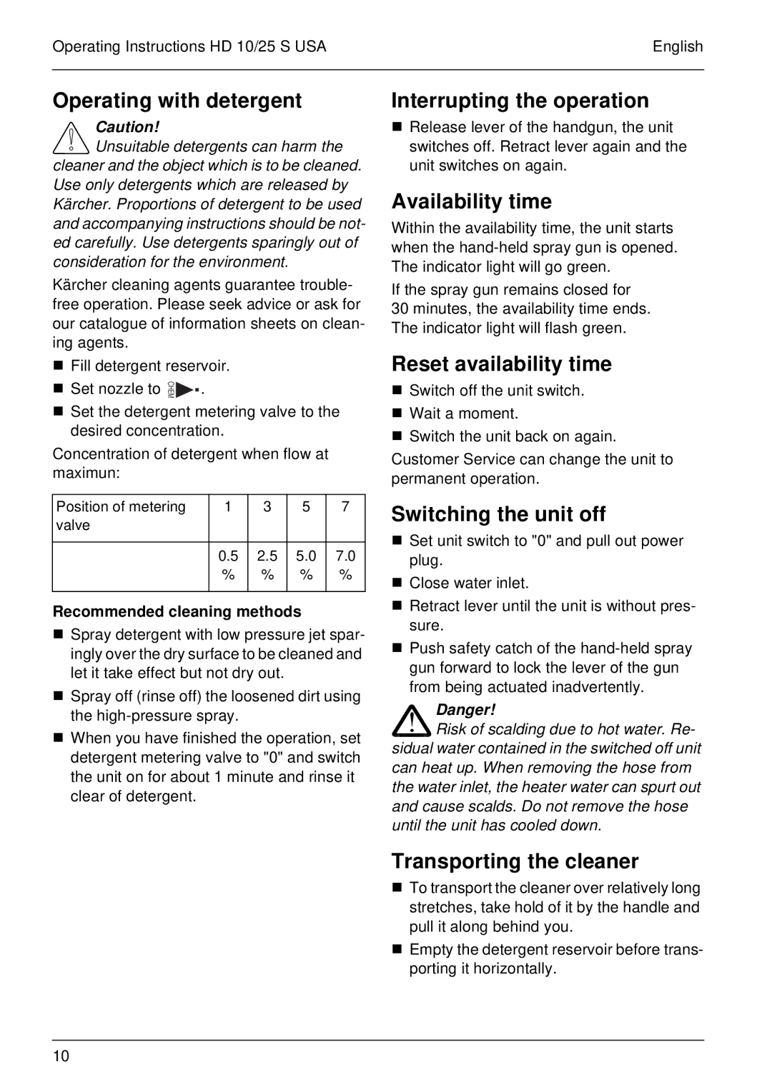 Karcher HD 10/25 S USA Operating with detergent, Interrupting the operation, Availability time, Reset availability time 