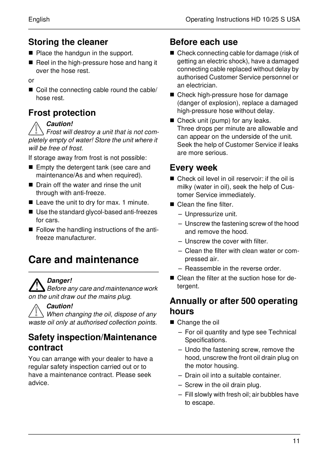 Karcher HD 10/25 S USA manual Care and maintenance 