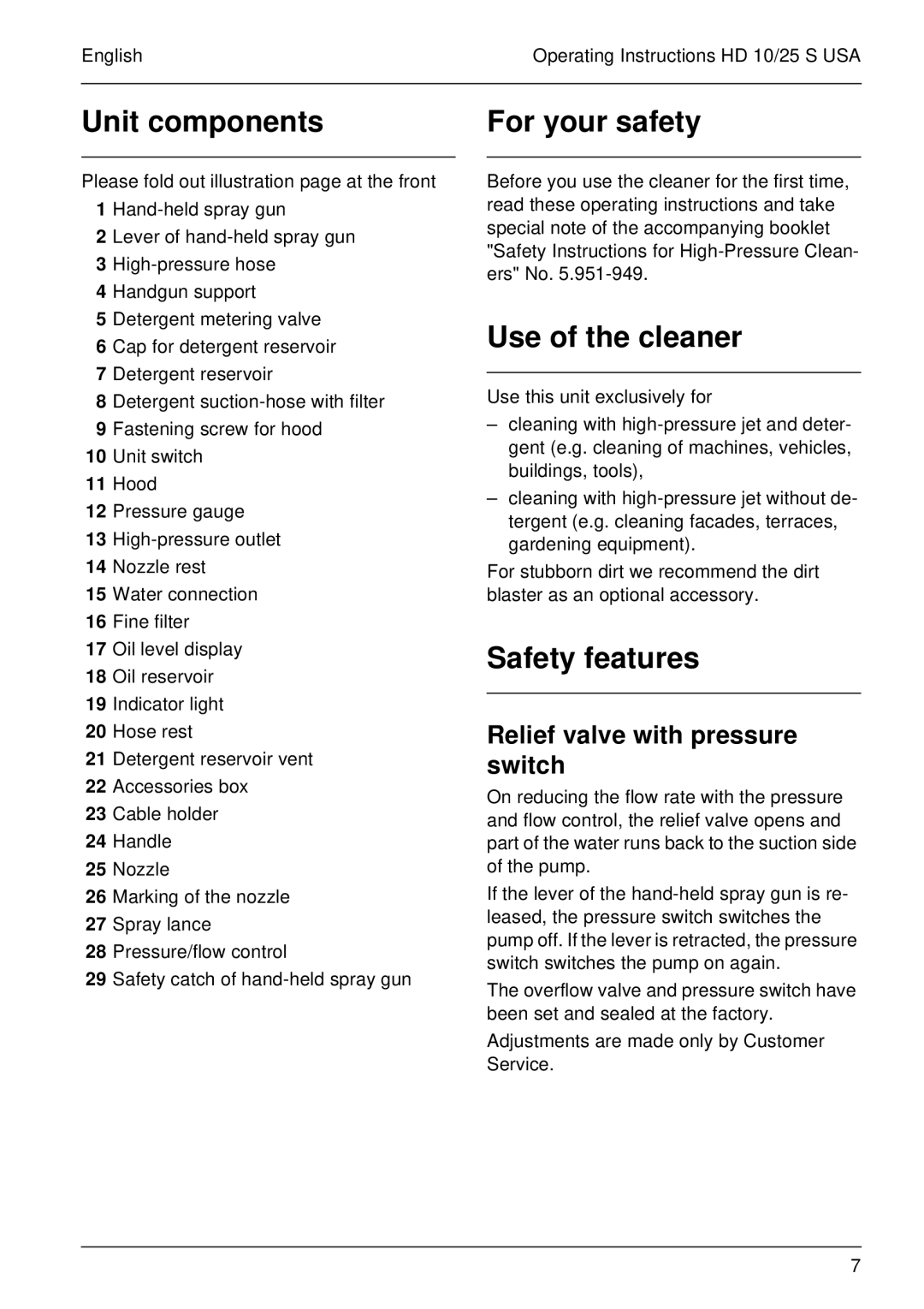 Karcher HD 10/25 S USA manual Unit components, For your safety, Use of the cleaner, Safety features 